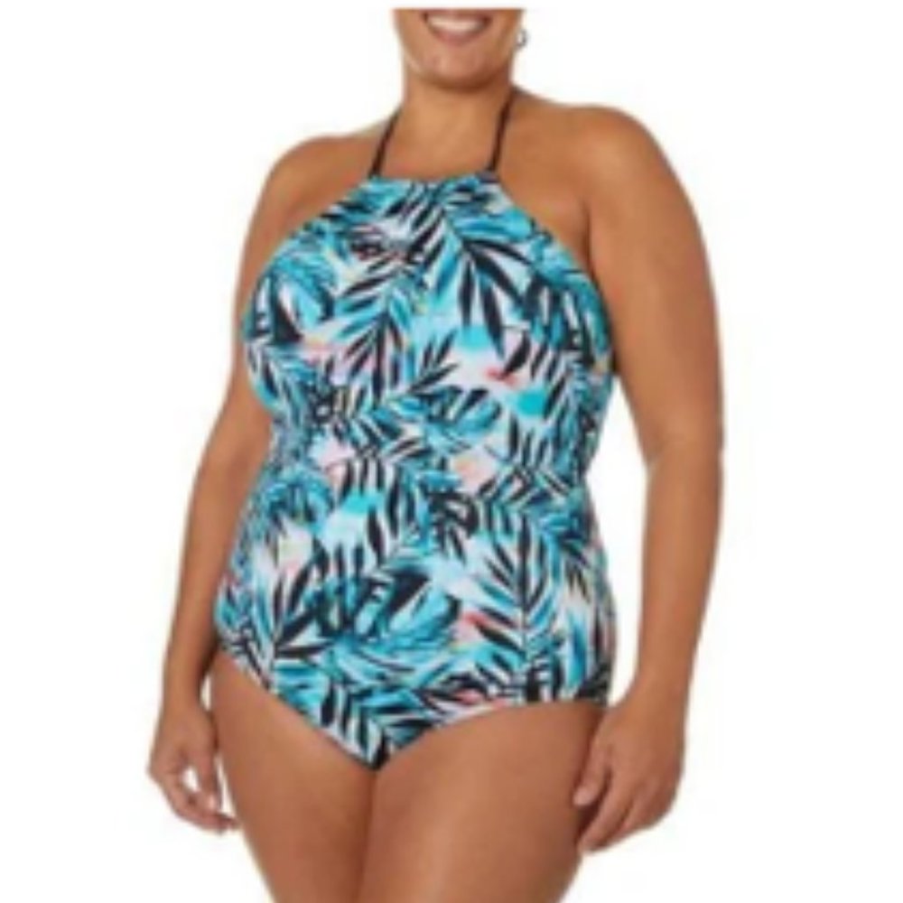 Party Palm High Neck One Piece Swimsuit. Lg. NWT